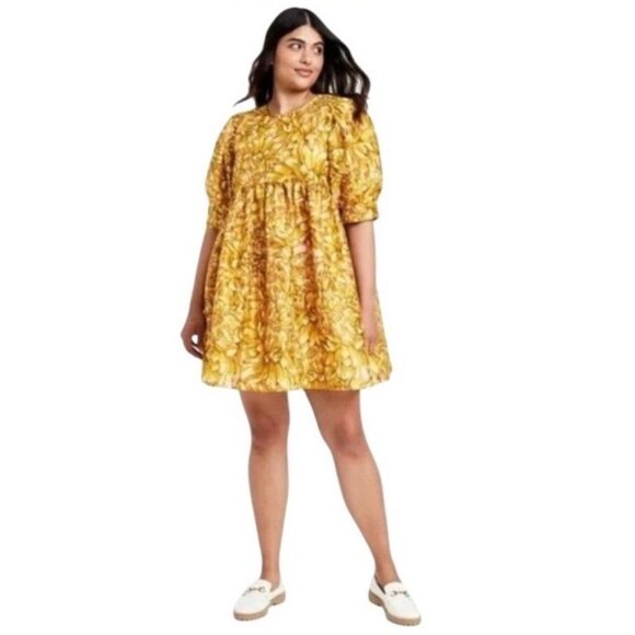 Kika Vargas x Target Gold - Mum Floral Puff Sleeve Mini Dress Sz M Gold Yellow - Picture 1 of 10